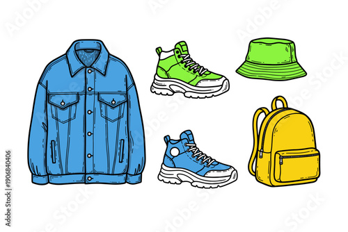 Fashion accessories and clothing items in a vibrant collection, including a denim jacket, sneakers, bucket hat, and backpack, presented in a playful cartoon style.