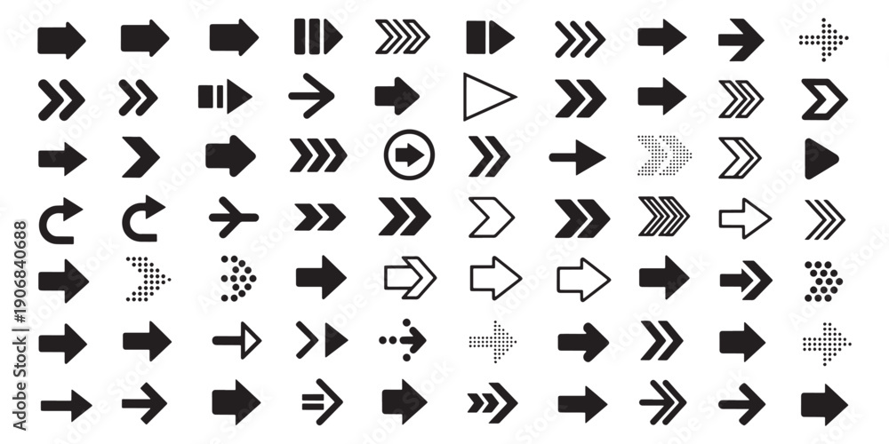 Ταπετσαρία Vector super set of black right arrow icons, collection of diverse navigation pointers and next button symbols for web and mobile app UI design