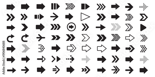Vector super set of black right arrow icons, collection of diverse navigation pointers and next button symbols for web and mobile app UI design.