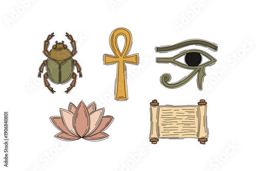 Ancient Egyptian symbols collection featuring a scarab beetle, ankh, Eye of Horus, lotus flower, and papyrus scroll in a hand-drawn illustration style.