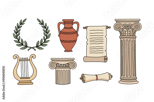 Ancient Greek Roman cultural elements collection featuring classical symbols, historical artifacts, and mythological items in a detailed hand-drawn style illustration.