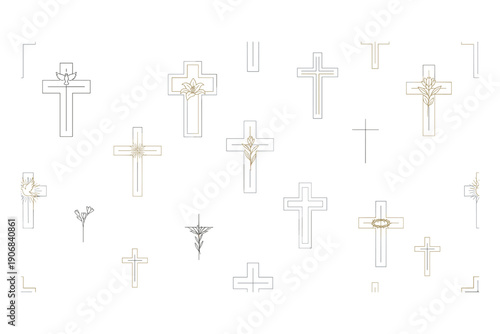Religious crosses and Christian symbols in a minimalist line art style, featuring doves, lilies, and crowns of thorns, representing faith and spirituality.