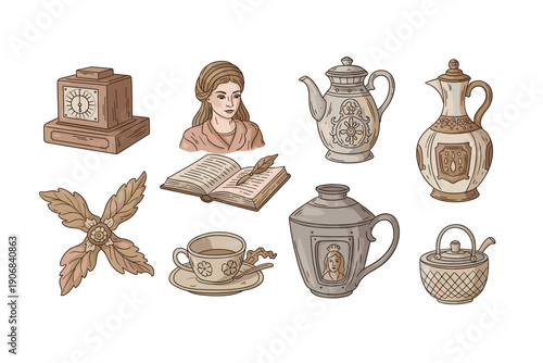 Collection of vintage items and elegant objects, including an antique clock, teapots, a book with a quill, a teacup, and a woman's portrait, illustrating historical charm and classic decor.