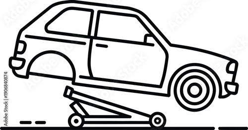 A classic car being lifted by a hydraulic floor jack for maintenance or repair work