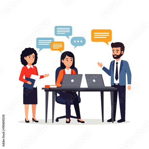 Business people in an office using laptops and speech bubbles to communicate and work together as a team illustration