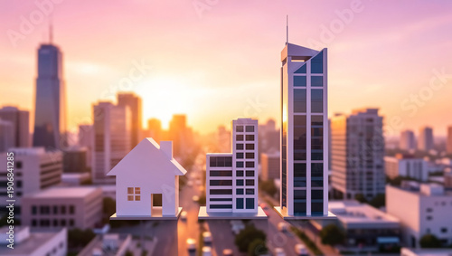 City skyline with various building models during sunset with a focus on real estate and urban development concepts