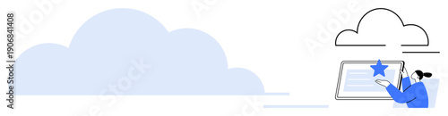 Cloud storage, data management, technology interface, digital transformation, remote access, innovation. A large cloud and user with a tablet. Cloud storage and data management