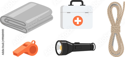 Emergency survival kit items including a first aid box, a warm blanket, a sturdy rope, a bright flashlight, and a loud whistle for safety.