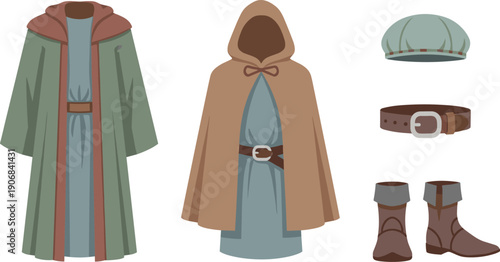 Fantasy medieval clothing accessories collection featuring a hooded cloak, long robe, cap, belt, and boots for historical or role-playing game themes.