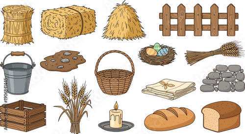 Farm and harvest elements collection featuring hay, wheat, bread, and various rustic agricultural objects in a cartoon illustration.