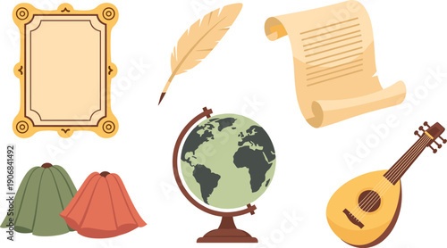Various historical and cultural objects representing education and exploration are neatly arranged in a flat design illustration, evoking a sense of discovery and learning.