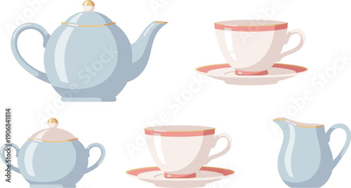 Elegant tea set items, including a teapot, teacups, sugar bowl, and creamer, beautifully illustrated in a charming, soft color palette.