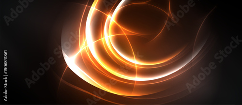 Abstract design features swirling orange light against dark background. Curves create dynamic, energetic visual impact. Smooth gradients enhance depth.