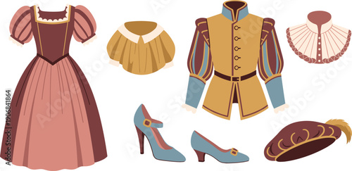 Historical clothing and accessories collection featuring elegant dresses, tunics, collars, shoes, and a hat, representing period fashion styles.