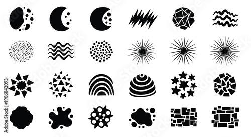 Black and white abstract shapes, geometric patterns, icons or graphics set, for design elements, backgrounds, or overlays, Isolated on transparent background, png