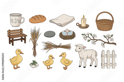 Farm animals, fresh bread, eggs, and spring flowers are charming hand-drawn illustrations representing rustic country life and seasonal themes.
