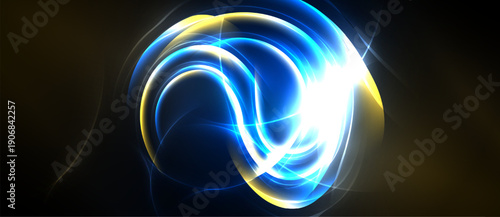 Bright swirling lights form abstract circular shape. Blue, white, yellow hues dominate dark background. Energetic, dynamic visual effect.