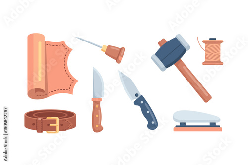 Leathercraft tools, materials, and accessories for artisanal handmade products, including a belt, awl, knives, hammer, and thread.