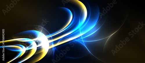 Abstract design features flowing blue, yellow light curves against dark background. Dynamic energy radiates from central point.