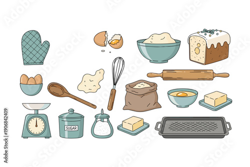 Various baking ingredients and tools for cooking and preparing delicious homemade treats, including flour, eggs, sugar, butter, a whisk, rolling pin, and oven mitt.