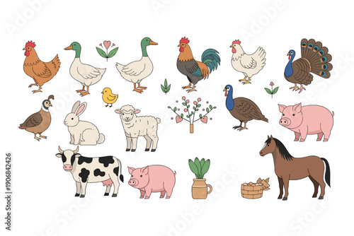 Cute cartoon farm animals and poultry collection illustration featuring various domestic creatures and agricultural elements in a charming doodle style.