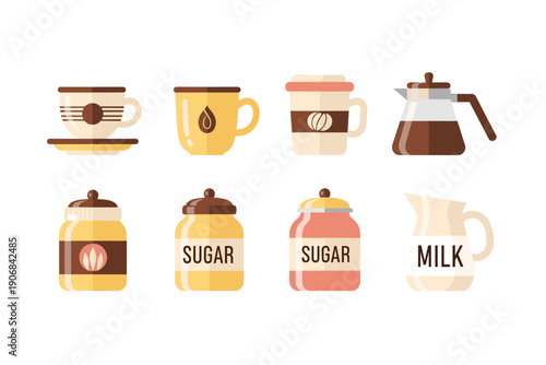 Coffee and tea accessories and breakfast condiments illustrated in a modern flat design style, perfect for web graphics or menu representations.