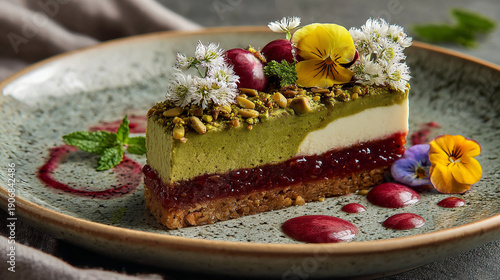 Slice of Matcha Cake with Berries and Edible Flowers on Plate