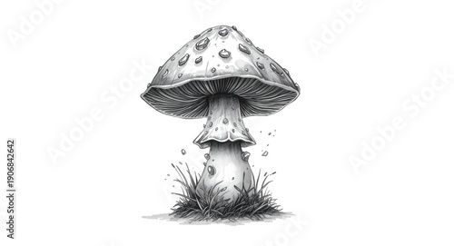 Fantastical monochrome drawing of a mystical hallucinogenic mushroom in playful 2D style against white background