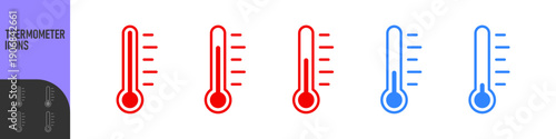 Thermometer icon set showing different temperature levels from cold to hot. Ideal for weather apps, climate concepts, temperature control, health indicators, UI design, dashboards and infographics.