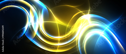 Abstract luminous waves, blue, yellow hues. Dynamic energy flows, creating bright visual impact. Modern design element.