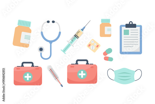 Essential medical and healthcare supplies including instruments, medications, and first aid kits are neatly arranged for general health services and patient care.