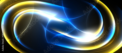 Bright abstract design features swirling luminous lines. Golden, blue, white colors create dynamic infinity symbol effect. Dark background enhances glow.