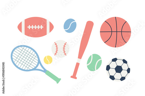 Sports equipment items are neatly arranged in a vibrant and playful flat illustration, showcasing various popular games and activities.