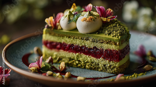 Decadent Matcha and Berry Mousse Cake with Pistachio Crumble