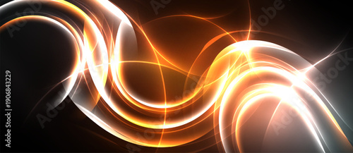 Abstract energy flows, vibrant orange hues, dynamic curves. Light streaks create captivating visual effect, dark background enhances luminosity.
