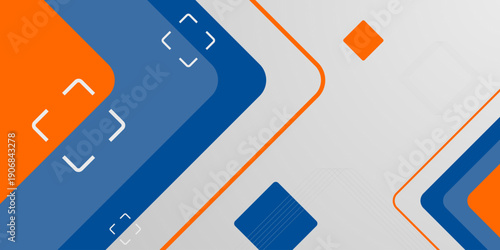 Abstract overlap papercut background with blue and orange color shapes pattern on white background. Simple square theme banner concept element design.