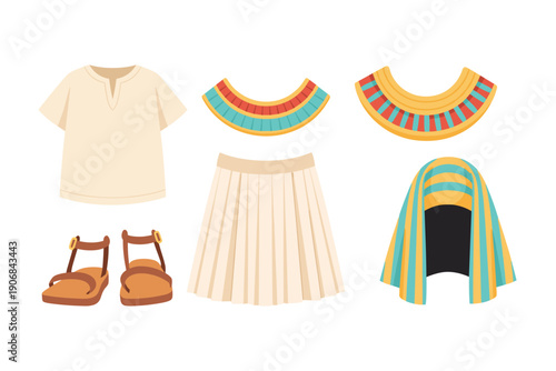 Ancient Egyptian clothing and accessories collection illustration featuring traditional tunics, skirts, sandals, broad collars, and a nemes headdress from ancient civilization.