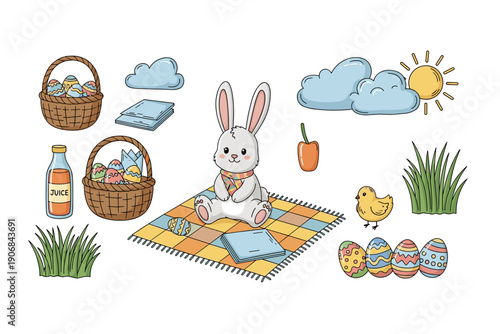 Adorable Easter bunny, colorful eggs, and spring picnic items are playfully arranged for a cheerful holiday celebration under a bright sun.