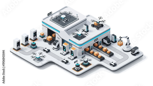 Smart factory with automated logistics and robots managing package delivery.