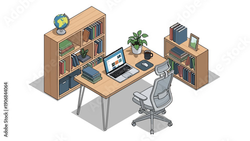 Modern isometric home office with desk, chair, and bookshelves