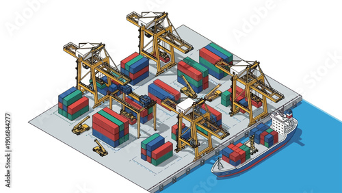 Container ship being loaded and unloaded at a busy port with cranes.