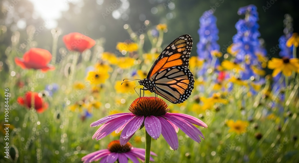 Obraz premium Monarch butterfly resting on a flower with orange and black wings spread. A famous migratory butterfly known for long distance travel and role in pollination.