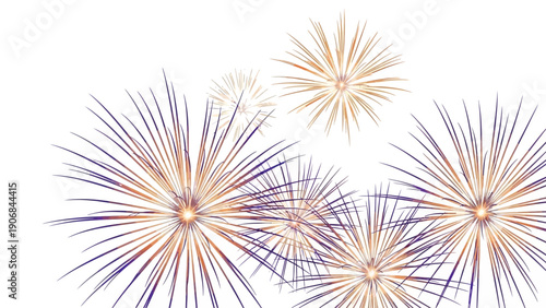 Festive fireworks exploding against a white background for celebration.