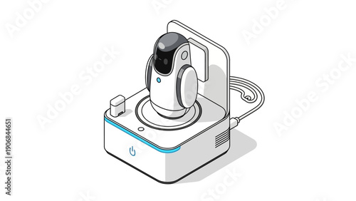 Isometric illustration of a cute robot on its charging dock.