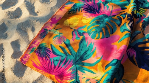 Tropical Pattern Beachwear: Vibrant beachwear, adorned with a tropical floral pattern, rests elegantly on the soft, sun-kissed sand, evoking a sense of summer leisure.