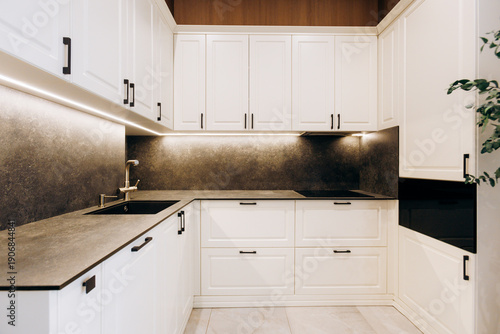 Canvas-taulu Elegant minimalist kitchen featuring highquality fixtures and storage