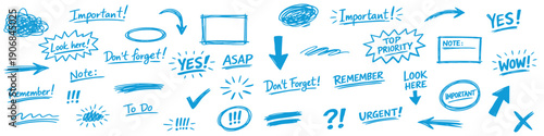 Collection of hand-drawn blue marker doodles, arrows, and notes including Important, ASAP, and Urgent for business and organization projects