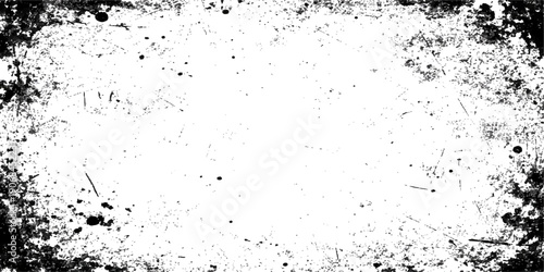 Abstract grunge background design featuring a black ink splash texture and dirty paint splatter frame on a vector paper pattern with liquid droplet stains