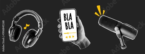 Podcast music radio with halftone collage sticker for microphone talk sound. Element art show with studio pop voice for trendy media mic. Poster audio podcast with design halftone speech.