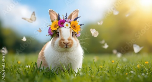 Content bunny wearing a colorful meadow flower wreath on a verdant lawn in a sunny summer atmosphere
